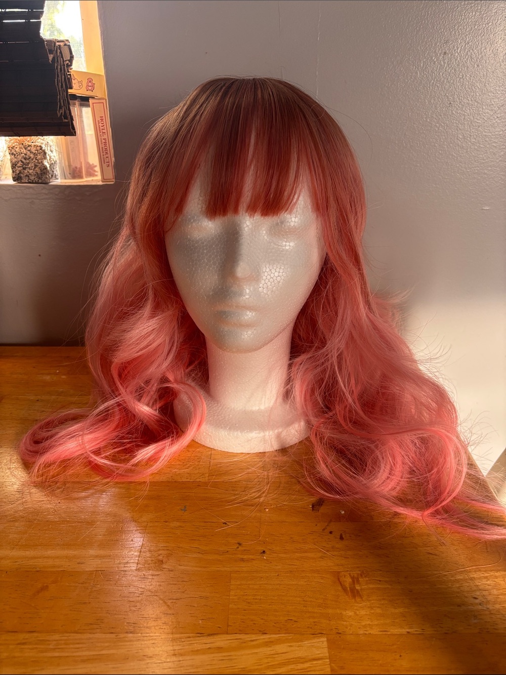 Stylish Pink Ombre Long Wavy Wig with Bangs